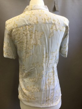 ALL SAINTS, Lt Gray, Gold, White, Viscose, Floral, Collar Attached, Button Front, Short Sleeves, Small Floral Pattern
