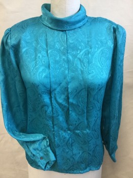 NICOLA, Turquoise Blue, Polyester, Paisley/Swirls, Folded Over Collar Attached, 2 Large Pleat Front Center, 5 Buttons  Back - Pullover, Shoulder Pads, Long Sleeves,