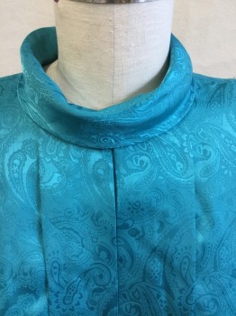 NICOLA, Turquoise Blue, Polyester, Paisley/Swirls, Folded Over Collar Attached, 2 Large Pleat Front Center, 5 Buttons  Back - Pullover, Shoulder Pads, Long Sleeves,