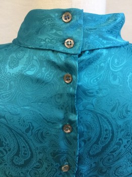 NICOLA, Turquoise Blue, Polyester, Paisley/Swirls, Folded Over Collar Attached, 2 Large Pleat Front Center, 5 Buttons  Back - Pullover, Shoulder Pads, Long Sleeves,