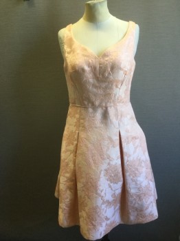 Womens, Cocktail Dress, MAGGY LONDON, Peach Orange, Silver, Polyester, Rayon, Floral, 4, Peach and Light Threads of Silver Floral Brocade Fabric, Heart Shape Neckline, Sleeveless, Skirt with Slight Flare, Inverted Box Pleat at Waist, Zip Center Back,