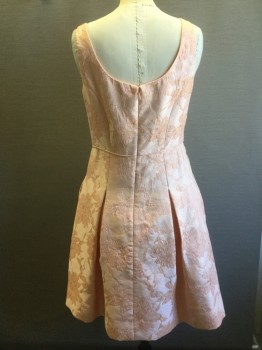Womens, Cocktail Dress, MAGGY LONDON, Peach Orange, Silver, Polyester, Rayon, Floral, 4, Peach and Light Threads of Silver Floral Brocade Fabric, Heart Shape Neckline, Sleeveless, Skirt with Slight Flare, Inverted Box Pleat at Waist, Zip Center Back,