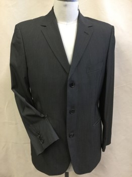 HUGO BOSS, Charcoal Gray, Lt Gray, White, Wool, Stripes - Vertical , Jacket, Charcoal Gray with Faint Light Gray & Broken Fine White Stripes with Light Silver Lining, Notched Lapel, Single Breasted, 3 Button Front, 3 Pockets, 2 Split Back Bottom, Long Sleeves, with Matching Pants