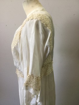 MTO, Off White, Cream, Silk, Solid, Gathered Crew Neck, Cream Applique' Lace Panels Down Bodice Front/back and Waist with Satin Ribbon Sash, Fringe Decor at End of Sash , 3/4 Sleeves, Sheer and Light Weight,