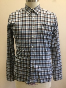 BILLY REID, Lt Blue, Navy Blue, Brown, White, Cotton, Plaid, Long Sleeve Button Front, Collar Attached, 1 Patch Pocket