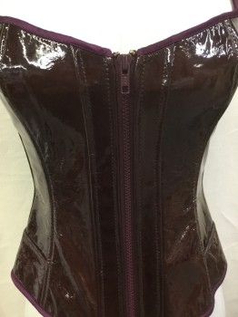 Womens, Top, MTO, Red Burgundy, Black, Vinyl, Solid, XS, Burgundy Vertical Panel with Burgundy Trim, Sweetheart Neckline, Zip Front, Fitted,  Black Panel Back