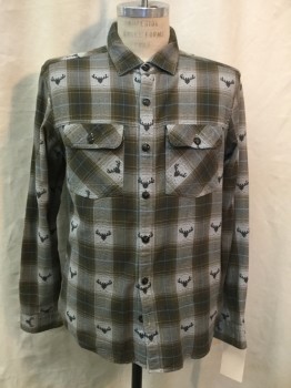 EVER, Brown, Gray, Charcoal Gray, Cotton, Plaid, Novelty Pattern, Button Front, Collar Attached, Long Sleeves, 2 Flap Pocket, Reindeer Heads