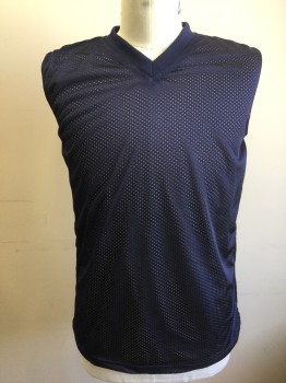 Unisex, Jersey, KROWN, Navy Blue, White, Polyester, Solid, L, Reversible Basketball Jersey, Navy Mesh with Holes Texture on One Side, White on Opposite Side, Sleeveless, Rib Knit V-neck, **Has a Double ***Barcode Located in Between Layers Near Side Hem
