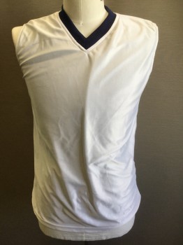 Unisex, Jersey, KROWN, Navy Blue, White, Polyester, Solid, L, Reversible Basketball Jersey, Navy Mesh with Holes Texture on One Side, White on Opposite Side, Sleeveless, Rib Knit V-neck, **Has a Double ***Barcode Located in Between Layers Near Side Hem