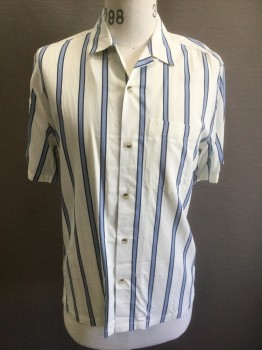 URBAN OUTFITTERS, Off White, Lt Blue, Navy Blue, Viscose, Stripes - Vertical , Off White with Light Blue and Navy Vertical Stripes, Short Sleeve Button Front, Collar Attached, 1 Patch Pocket