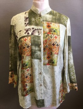 CITRON, Lt Green, Olive Green, Beige, Coral Orange, Chartreuse Green, Silk, Rayon, Abstract , Geometric, Artsy Squares of Unusual Dye, Flowers, Etc Patterns, Long Sleeve, Button Front, Mandarin Collar, Oversized Fit