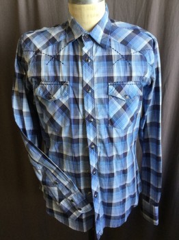 Mens, Western, WRANGLER, Black, Royal Blue, Teal Blue, Gray, White, Polyester, Cotton, Plaid, M, Collar Attached, Black with Silver Trim Snap Front, Western Yokes Upper Front & Back with Large Black Thread Criss-cross Stitch on Top, 2 Pockets with Flap, Long Sleeves,