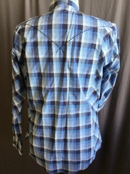 Mens, Western, WRANGLER, Black, Royal Blue, Teal Blue, Gray, White, Polyester, Cotton, Plaid, M, Collar Attached, Black with Silver Trim Snap Front, Western Yokes Upper Front & Back with Large Black Thread Criss-cross Stitch on Top, 2 Pockets with Flap, Long Sleeves,