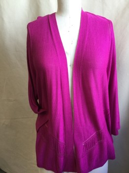 WORTHINGTON, Fuchsia Pink, Acrylic, Solid, Self Ribbed & Diagonal Pattern, Ribbed  Open Front & 3/4 Sleeves Trim