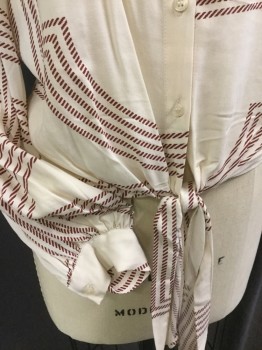 H & M, Cream, Maroon Red, Polyester, Abstract , Cream with Abstract Short Maroon Stripes, V-neck, Long Sleeves, Self Tie Waist Front