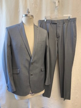 Mens, Suit, Jacket, KENNETH COLE, Gray, White, Polyester, Rayon, 2 Color Weave, 44L, Notched Lapel, Single Breasted, Button Front, 2 Buttons, 3 Pockets