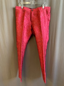 Mens, Suit, Pants, DOLCE & GABBANA, Raspberry Pink, Polyester, Acetate, Swirl , 36/30, Flat Front, Zip Fly, Black Satin Fabric Covered Buttons, 4 Pockets, + 2 Watch Pockets, Belt Loops