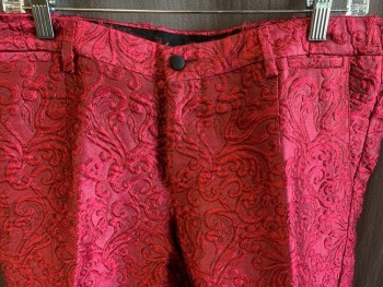 Mens, Suit, Pants, DOLCE & GABBANA, Raspberry Pink, Polyester, Acetate, Swirl , 36/30, Flat Front, Zip Fly, Black Satin Fabric Covered Buttons, 4 Pockets, + 2 Watch Pockets, Belt Loops