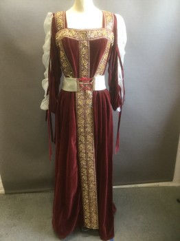 Womens, Historical Fiction Dress, WINDLASS, Maroon Red, White, Gold, Ivory White, Cotton, Solid, Floral, W:34, B:38, Sz S, Maroon Velvet with Maroon and Gold 2" Wide Ribbon Accents with Gold Beading and Sequins, Long Sleeves with White Sheer Gathered Organza and Ivory Iridescent Cording, Square Neck, Ivory & Gold 3" Wide Belt at Waist with Gold Filigree Loops at Center Front, Floor Length, Renaissance Reproduction/Costume