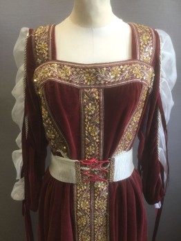 Womens, Historical Fiction Dress, WINDLASS, Maroon Red, White, Gold, Ivory White, Cotton, Solid, Floral, W:34, B:38, Sz S, Maroon Velvet with Maroon and Gold 2" Wide Ribbon Accents with Gold Beading and Sequins, Long Sleeves with White Sheer Gathered Organza and Ivory Iridescent Cording, Square Neck, Ivory & Gold 3" Wide Belt at Waist with Gold Filigree Loops at Center Front, Floor Length, Renaissance Reproduction/Costume