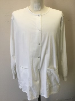ANGELICA, White, Poly/Cotton, Solid, Short Surgical Jacket/Gown, Snap Front, Round Neck,  Long Sleeves, Rib Knit Cuffs, 2 Patch Pockets at Hips