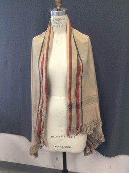NL, Khaki Brown, Olive Green, Red, Cotton, Plaid, Rectangular Cotton Shawl. Mostly Khaki with Olive & Red Stripes Down Long Sides. Self Fringe on Narrow Sides,