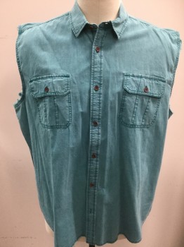 NORTHWEST TERRITORY, Teal Blue, Cotton, Solid, Sleeves Removed, Button Front, Collar Attached, 2 Flap Pocket,