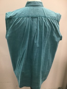 NORTHWEST TERRITORY, Teal Blue, Cotton, Solid, Sleeves Removed, Button Front, Collar Attached, 2 Flap Pocket,