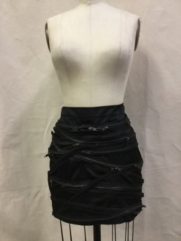 Womens, Skirt, Mini, SEASON J S, Black, Rayon, Synthetic, Solid, 8, W26, Satin Finished Rayon with Multi Zippers As Novelty Pattern at Front, and Back, Zipper Center Back,