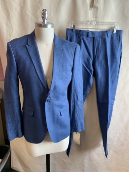 TOPMAN, Blue, Linen, Heathered, 1 Button Front, Peaked Lapel, 3 Pockets,