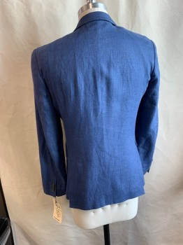 TOPMAN, Blue, Linen, Heathered, 1 Button Front, Peaked Lapel, 3 Pockets,