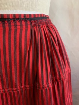 Womens, Historical Fiction Skirt, N/L, Red, Black, Polyester, Stripes, W24, Hook Closure, Double Pleats Near Top of Skirt, 1 Tier Ruffle, Black Lace Trim Hem