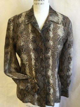 Womens, Blouse, DONNA BUCHMAN, Dk Brown, Lt Brown, Black, Tan Brown, Silk, Wool, Reptile/Snakeskin, 4, Notched Lapel, Button Front, Long Sleeves,
