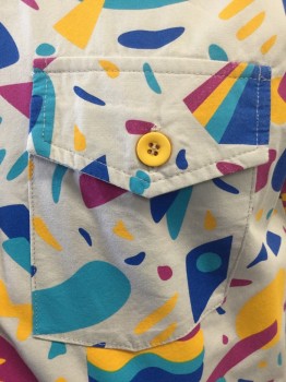 MOKUYOBI, Lt Gray, Turquoise Blue, Magenta Pink, Mustard Yellow, Blue, Cotton, Abstract , Short Sleeves, Collar Attached, 1 Pocket, Button Front,