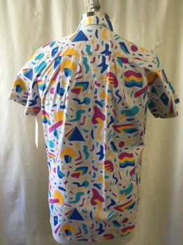 MOKUYOBI, Lt Gray, Turquoise Blue, Magenta Pink, Mustard Yellow, Blue, Cotton, Abstract , Short Sleeves, Collar Attached, 1 Pocket, Button Front,