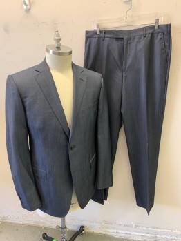 ZEGNA, Blue-Gray, Wool, Mohair, Oxford Weave, Suit Jacket, Button Front, 2 Buttons, 3 Pockets, Notched Lapel, Double Vent, 4 Button Sleeves