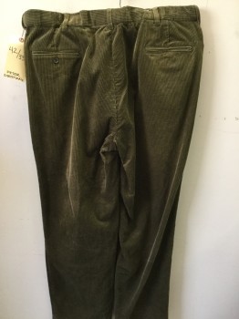 Mens, Casual Pants, PETER CHRISTIANI, Olive Green, Cotton, Solid, 42/32, Single Pleat,  4 Pockets, Corduroy,
