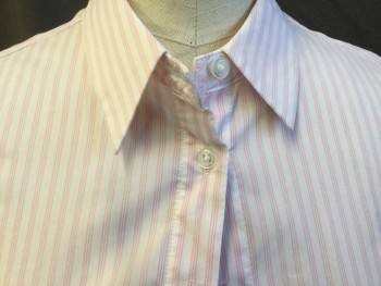 ANN TAYLOR, White, Pink, Cotton, Stripes - Vertical , White with 3 Thin Vertical Stripes, Collar Attached, Button Front, Sleeveless, 3" Side Strips Hem