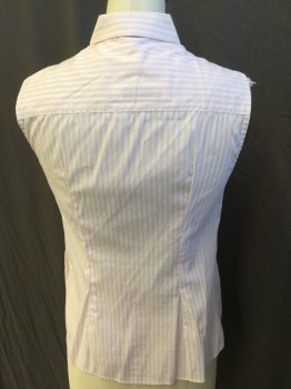 ANN TAYLOR, White, Pink, Cotton, Stripes - Vertical , White with 3 Thin Vertical Stripes, Collar Attached, Button Front, Sleeveless, 3" Side Strips Hem