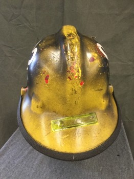 Unisex, Fire/Police Hat, N/L, Yellow, Black, Fiberglass, Solid, O/S, Fireman Helmet, Yellow Fiberglass, Black Plastic Trim, Fire Resistant Ear Flap Interior, Adjustable Cage Interior, Chin Strap, Aged, "92" Stickers on Either Side