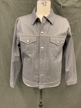 Mens, Jean Jacket, PJ MARK, Lt Gray, Cotton, Polyester, Solid, L, Button Front, Collar Attached, 4 Pockets, White Stitching, Long Sleeves, Button Cuff, Button Tabs at Back Waist
