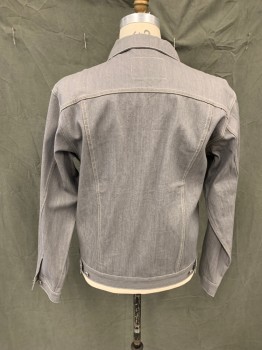 Mens, Jean Jacket, PJ MARK, Lt Gray, Cotton, Polyester, Solid, L, Button Front, Collar Attached, 4 Pockets, White Stitching, Long Sleeves, Button Cuff, Button Tabs at Back Waist