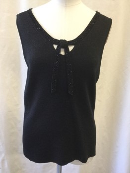 SIGRID OLSEN, Black, Silk, Polyester, Solid, Self Metallic Knit, Crew Neck, Sleeveless, Center Front Keyhole and Tie, Beaded Trim,