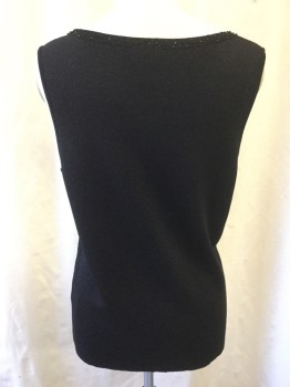 Womens, Top, SIGRID OLSEN, Black, Silk, Polyester, Solid, M, Self Metallic Knit, Crew Neck, Sleeveless, Center Front Keyhole and Tie, Beaded Trim,