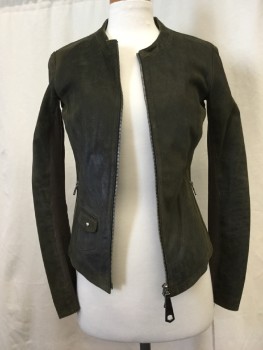 Womens, Leather Jacket, GIMOS, Dk Green, Suede, Solid, 2, Zip Font, 2 Zip Pockets, 1 Tiny Flap Pocket, Knit Underarms