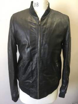 Mens, Leather Jacket, IFFY LAVENDER, Black, Leather, Solid, M, Zip Front, Rib Knit at Neck/Cuffs/Waist, 2 Zip Pockets and 1 Zip Pocket on Left Sleeve
