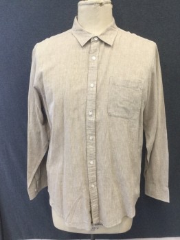 Mens, Casual Shirt, DAVID TAYLOR, Tan Brown, Linen, Cotton, Solid, XL, Button Front, Collar Attached, Long Sleeves, 1 Pocket