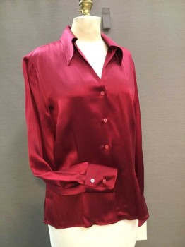 NORDSTROM, Cherry Red, Silk, Solid, Silk Charmeuse, Open Collar, Button Front, Long Sleeves,