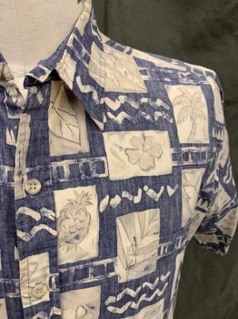 Mens, Hawaiian Shirt, TORI RICHARD, Navy Blue, Cream, Taupe, Cotton, Floral, L, Faded, Button Front, Collar Attached, Short Sleeves, 1 Pocket