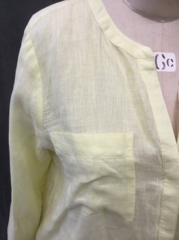 ANN TAYLOR, Lemon Yellow, Linen, Solid, 1/2 Hidden Placket, Mandarin Collar, 2 Pockets, Long Sleeves, Button Cuff, Buttons Detail Mid Sleeve
